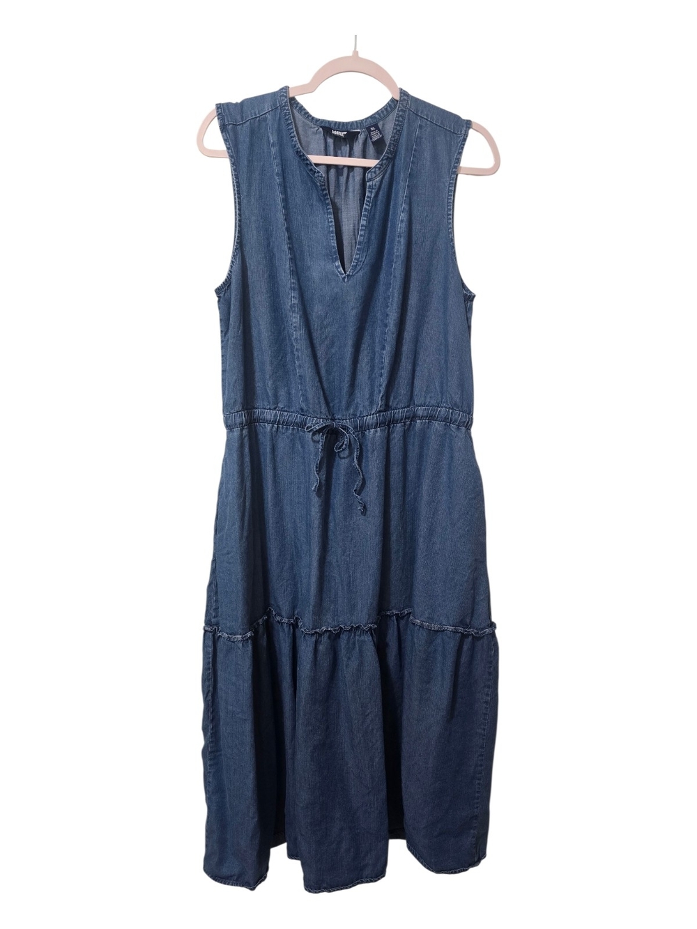 Land’s End Blue Chambray Lyocell Tiered Midi Dress XL Boho Peasant Travel Summer